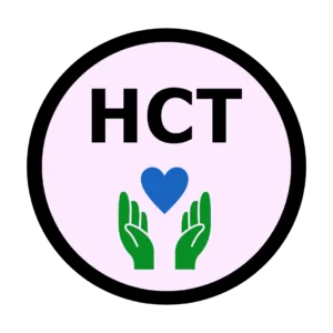 a logo for healthy communities together partnership - a black cirlce with the bold black letters HCT inside. Underneath is a pair of green hands holding a blue heart
